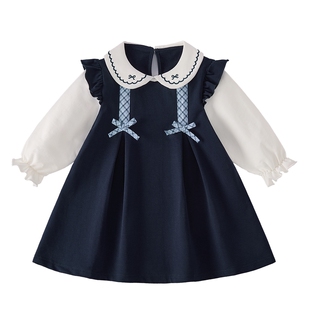 女童连衣裙春季上新假两件法式宝宝春装花边翻领牛仔蓝儿童裙子春