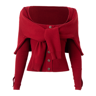 PynkiSwear 红色/白色 假两件仿披肩系带毛衣修身针织短款上衣女