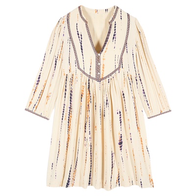 bash夏季波西米亚风长袖连衣裙法式V领a字泡泡袖连身短裙1E24ISAB