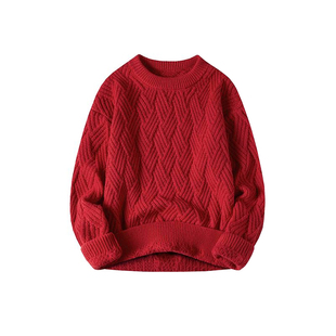 菱格本命年红色针织衫毛线衣男加肥加大码潮胖子宽松保暖打底冬装