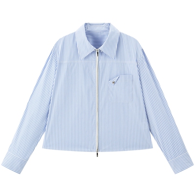 太平鸟截短式双拉链长袖条纹衬衫