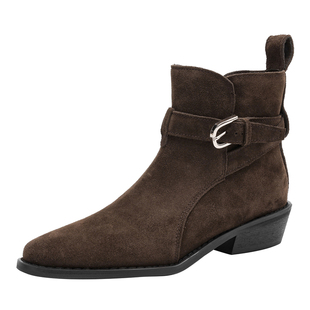 星期六加绒短靴子女2025新款冬季棕色瘦瘦靴方头及踝靴粗跟马丁靴