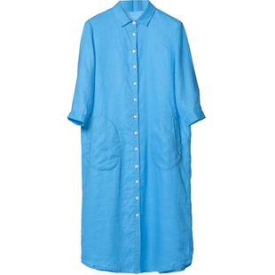 方寸原创文艺范夏季大码长款女装 纯色中袖苎麻长裙衬衫连衣裙夏