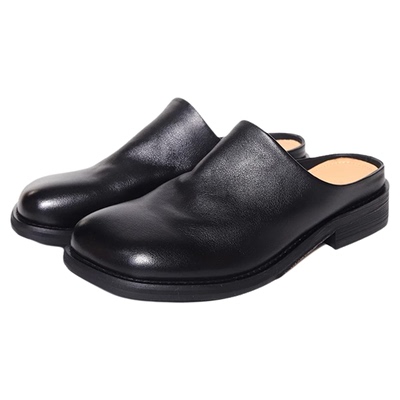 头层牛皮包头半拖鞋男女黑色皮拖