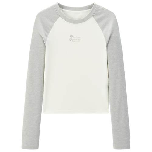 乐町插肩袖T恤女2025春季新款少女感撞色长袖上衣修身显瘦打底衫