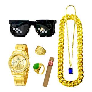 男士大金链子道具土豪仿真项链金表假金搞笑黄金塑料网红戒指纯金