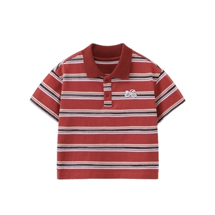 [骏马福裳]齐齐熊宝宝t恤短袖新年男童红色条纹polo衫儿童拜年服