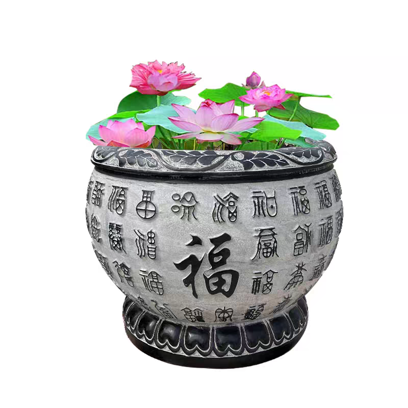 青石石雕鱼缸门海荷花水缸百福养鱼石缸庭院养鱼石缸户外水槽圆缸