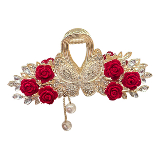 红色植绒玫瑰花抓夹女2026新款秋冬盘发夹后脑勺大号鲨鱼夹子头饰