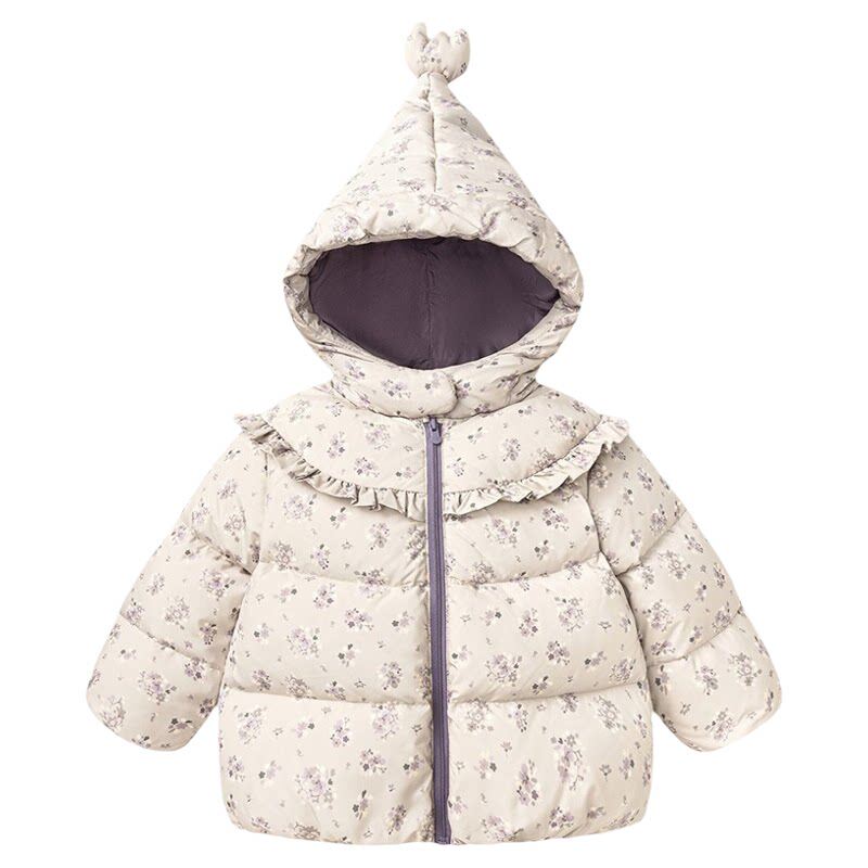 JQ婧麒女童红色连帽羽绒服短款荷叶边面包服婴幼儿保暖外套