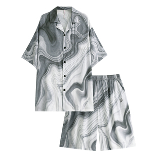悦内睡衣男士款夏季冰丝短袖短裤家居服夏款丝绸仿真丝水墨画国风