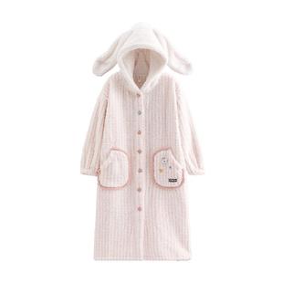 芬腾女士睡袍秋冬季珊瑚绒连帽睡衣女款加绒加厚可爱抗静电家居服