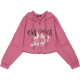 妖精的口袋美式草莓印花连帽卫衣外套女2026春新款小个子薄款开衫