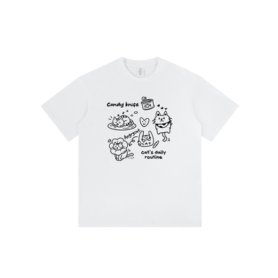 日系可爱猫咪小狗印花短袖奶白纯