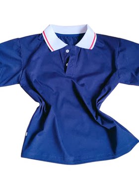 夏季藏蓝校服短袖白色领子袖口上拼大红条男女通用班服POLO衫T恤
