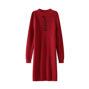 OSA欧莎新年红色针织连衣裙女秋冬新款直筒百搭显瘦蝴蝶结毛衣裙