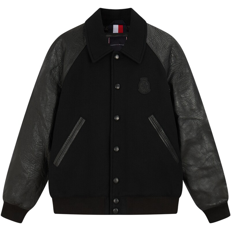 Tommy男装牛皮拼接翻领棉服夹克