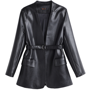 2025新款真皮皮衣女中长款V领小西服系带收腰皮风衣显瘦夹克外套