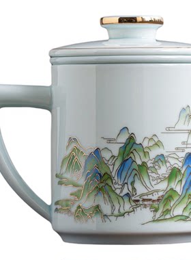 青绿江山水杯青瓷山水带盖滤茶杯