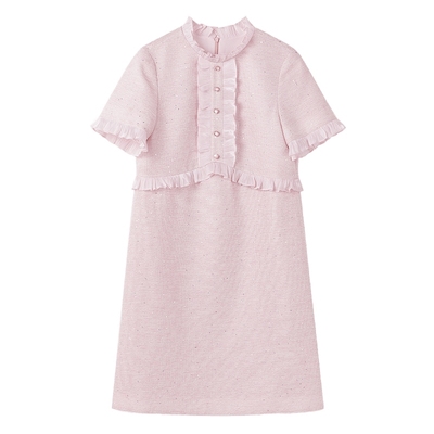 MISS COCOON可可尼法式小香风连衣裙2025秋季新款粉色木耳边裙子