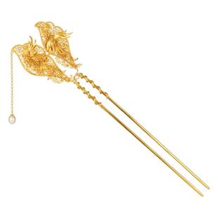 凤回首银鎏金发钗非遗花丝镂空珍珠新中式发饰簪子凤凰来仪银发簪