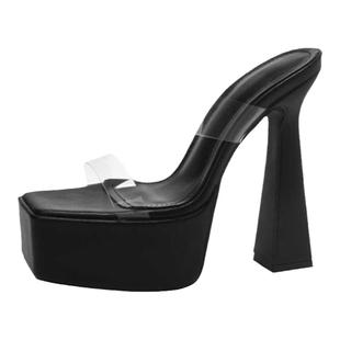 15cm超高跟女鞋粗跟夏季夜场透明小码凉拖鞋外穿防水台模特走秀鞋