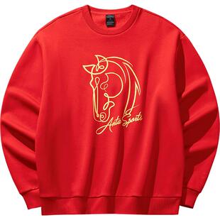 安踏新年款加绒卫衣男冬季加厚保暖圆领红色马年好事发生套头衫女