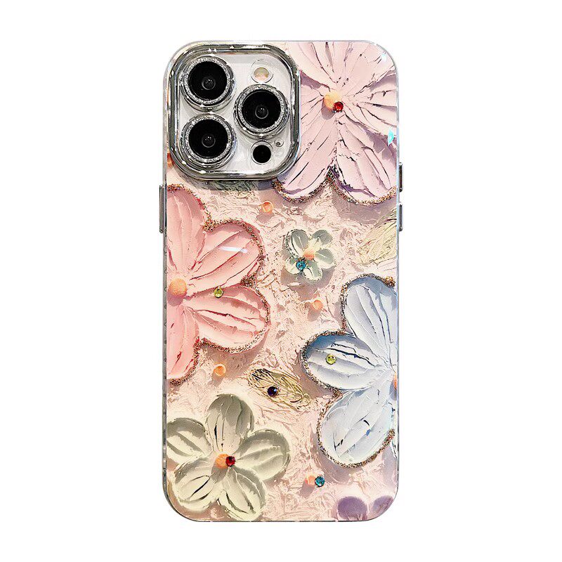 适用iphone16promax手机壳苹果17pro蓝光油画花朵15韩风女款16镜头全包17promax高级感13pm挂