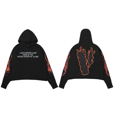 VLONE美款TSFF水洗做旧刺绣Logo背后V超重磅无下摆连帽卫衣情侣款