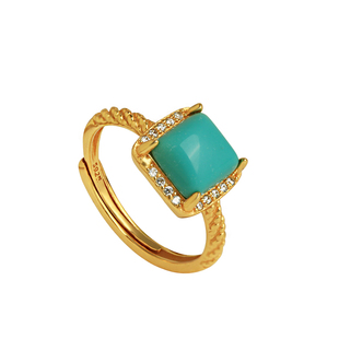 小银匠天然绿松石纯银开口方糖戒指女国风小众高级玉石金包银宝石