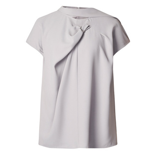 BCBG夏季法式气质设计感不对称装饰飘带领短袖通勤女士雪纺衬衫