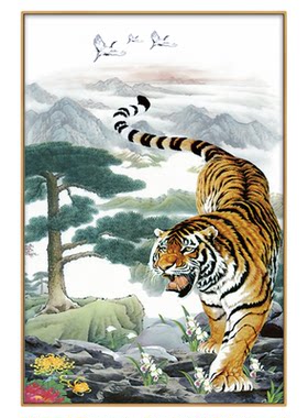 新中式玄关装饰画下山虎挂画