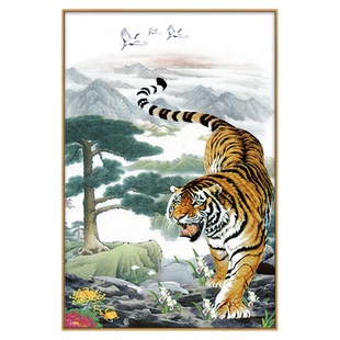 新中式玄关装饰画下山虎挂画走廊过道入户大气猛虎国画老虎墙壁画
