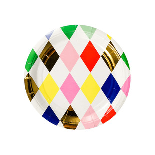 一次性菱形格子纸盘儿童生日蛋糕盘子烫金彩色野餐碟party plates