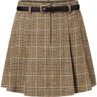 明星同款糖力 伯克利学院风格纹百褶短裙女 配皮带高腰毛呢半身裙