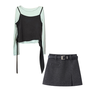 OKOK LOVEU 韩系小众叠穿背心长袖两件套女毛呢a字半身裙质感套装