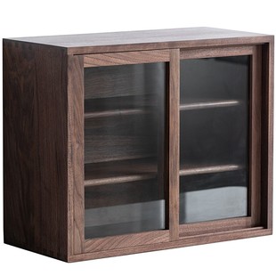 黑胡桃木桌面收纳柜实木日式透明玻璃推拉门燕尾榫榫卯三层储物柜