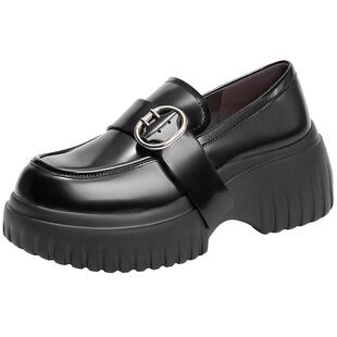 百丽女鞋子厚底增高JK乐福鞋新款黑色真皮小皮鞋深口单鞋3FBB3CA4