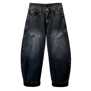 复古水洗做旧黑灰色工装弯刀牛仔裤男秋冬季宽松阔腿裤高个子长裤