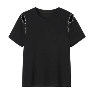 颜域黑色短袖T恤女2026夏季新款高级感天丝显瘦气质露肩气质上衣