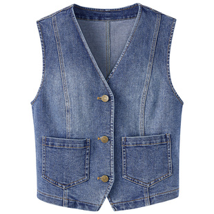 CROWNLESS未冕夏新含棉弹力牛仔复古显瘦叠穿水洗V领牛仔马甲