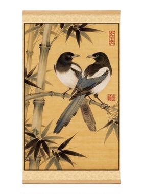 福竹双喜新中式工笔喜鹊卷轴画