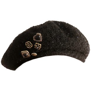 【周深同款】易碎商店 千金感黑金扣贝雷帽显脸小香风粗花呢帽子