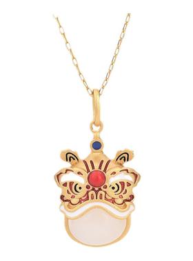 宫廷风汉服旗袍中国风景泰蓝珐琅彩绘镶嵌仿和田玉生肖年醒狮项链