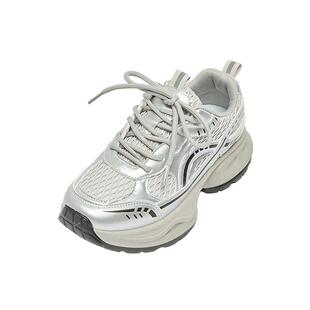 三福女运动鞋春季潮酷风圆头透气网面老爹鞋休闲女鞋853112