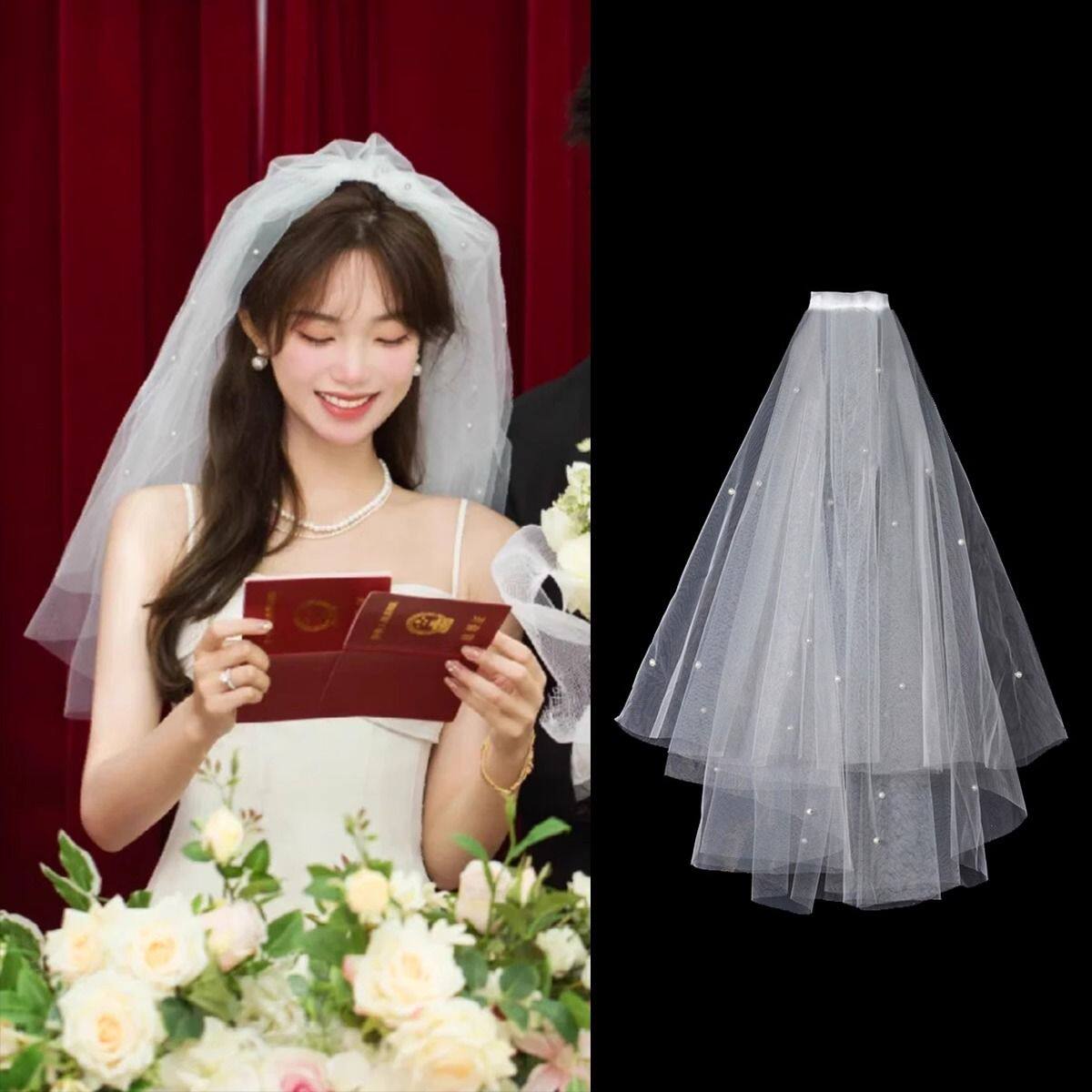 头纱新娘主婚纱结婚领证求婚订婚超仙高级感蓬蓬头饰影楼拍照道具