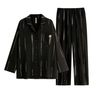 家乐芬睡衣女士春秋款秋季纯棉长袖长裤家居服女款黑色高级感套装