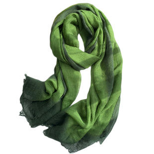 文艺墨绿渐变色围巾女春秋款优雅长款棉麻纱巾秋冬季保暖毛边休闲