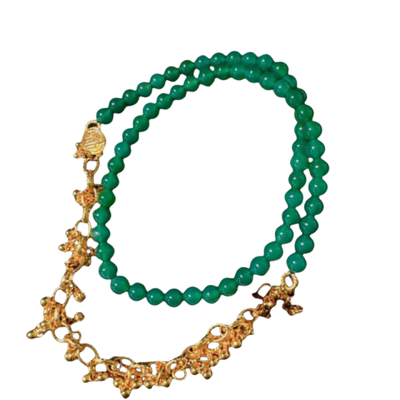 巴西绿玉髓平安锁珍珠宝石手链 金坨坨 镀18K金 绿玛瑙金豆豆项链