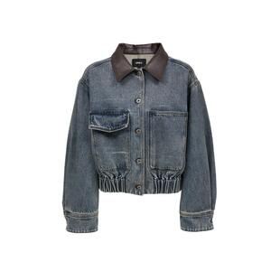 绫致ONLY2025秋冬新款酷飒拼接PU翻领落肩宽松牛仔外套女